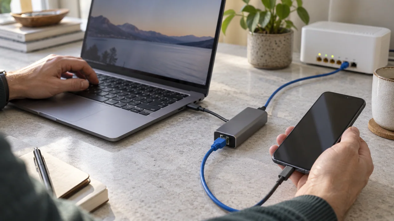 双手在笔记本和手机旁检查USB-C网络转接器与网线