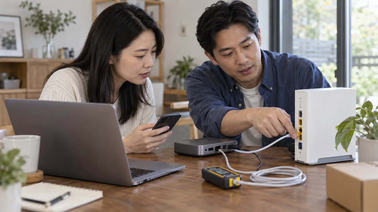 两位成年人共同检查笔记本、Android手机与家庭网络设备的连接
