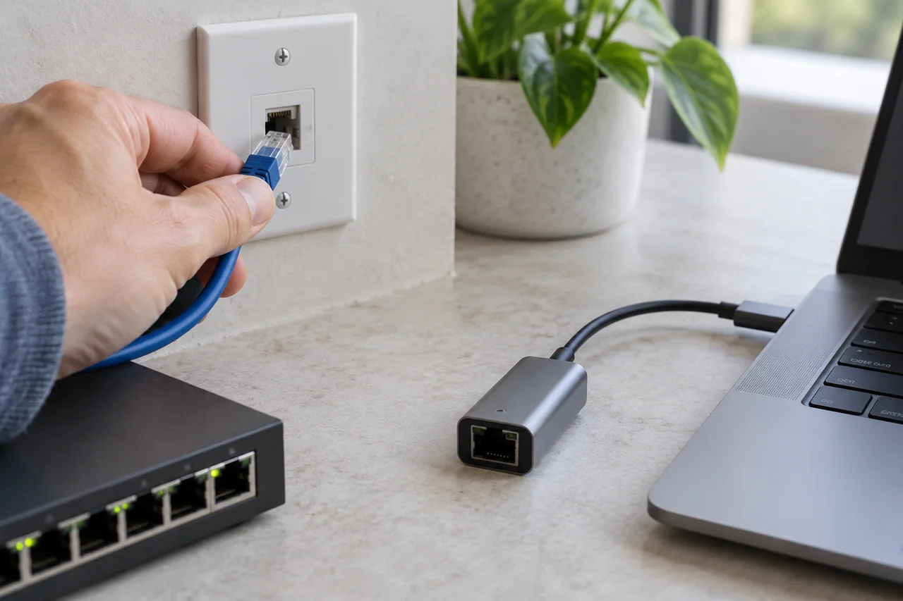 双手连接墙面以太网接口,桌旁放有网线和USB-C转网口设备